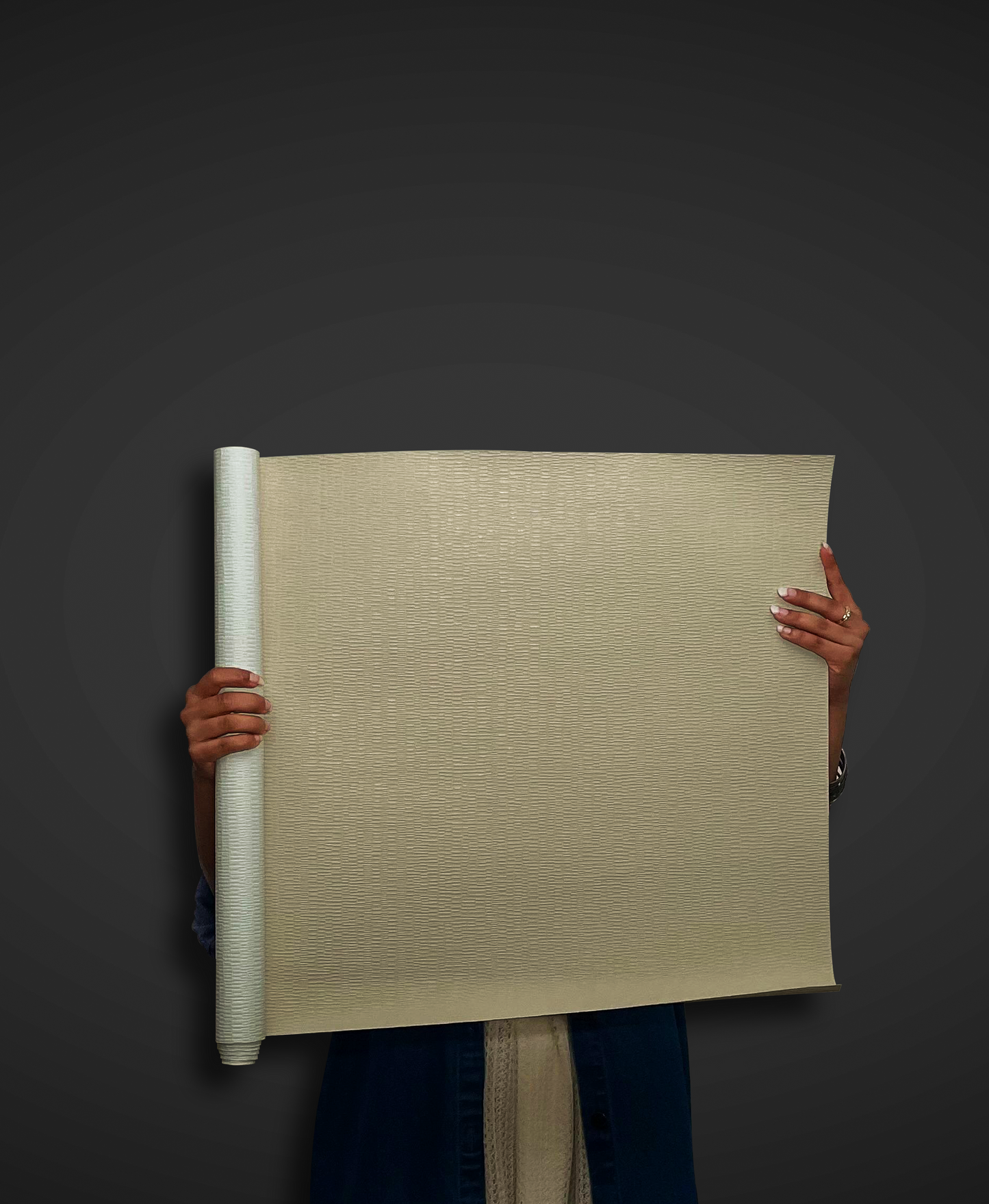 Close-up view of Waterproof Fabric Backed Commercial Wallcovering in Beige Bloom from the Aurum Collection, featuring a structured fan-shaped rib texture with a soft metallic golden-beige luster on a durable vinyl surface.