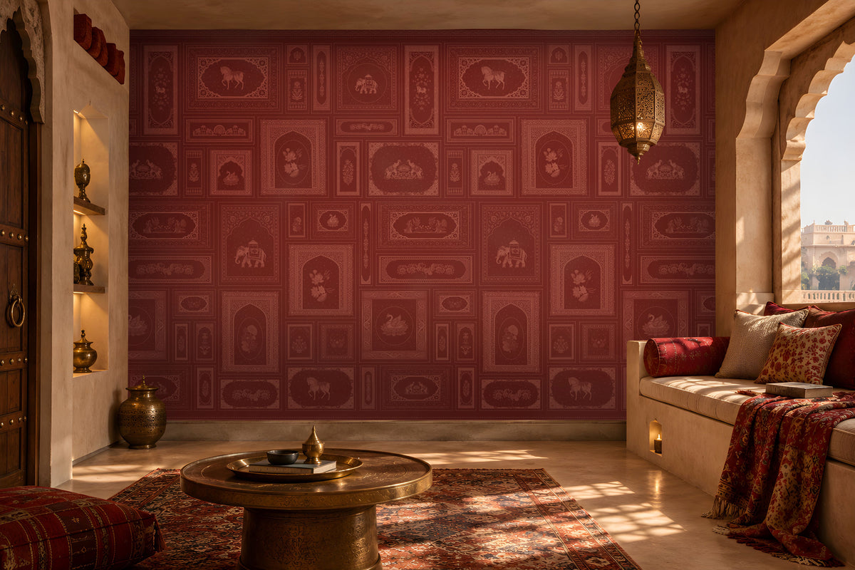 The Royal Rajputana Courtyard wallpaper in Heritage Ruby Red featuring intricate Rajasthani palace-inspired motifs, elephant illustrations, floral artwork, Mughal arches, and tonal heritage patterns in a luxurious royal-inspired interior.