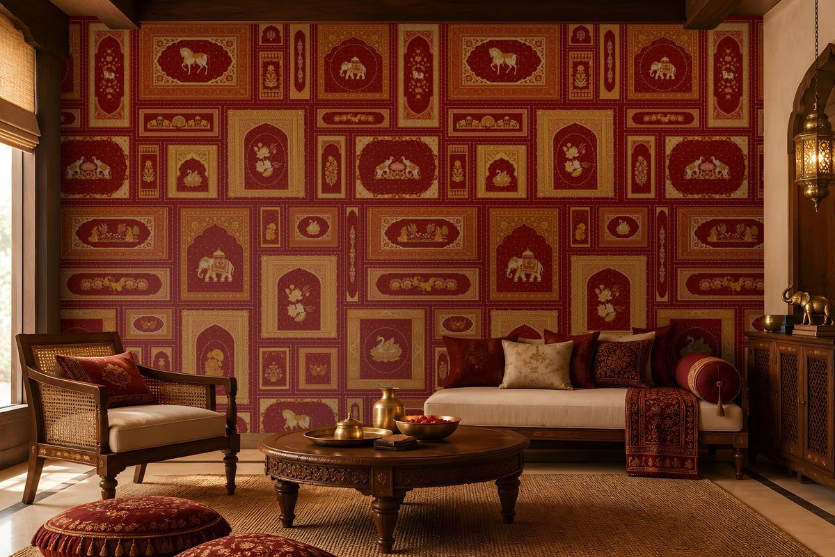 The Royal Rajputana Courtyard wallpaper in Regal Wine Red featuring intricate Rajasthani palace-inspired motifs, elephant illustrations, floral artwork, Mughal arches, and antique gold detailing in a luxurious living room setting.