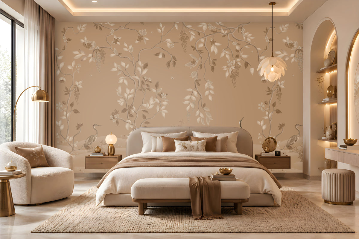 Timeless Avian Garden Mural in warm beige featuring delicate botanical branches, soft ivory flowers, graceful leaves, and elegant bird illustrations, creating a serene and sophisticated nature-inspired bedroom interior with neutral furnishings and warm ambient lighting.