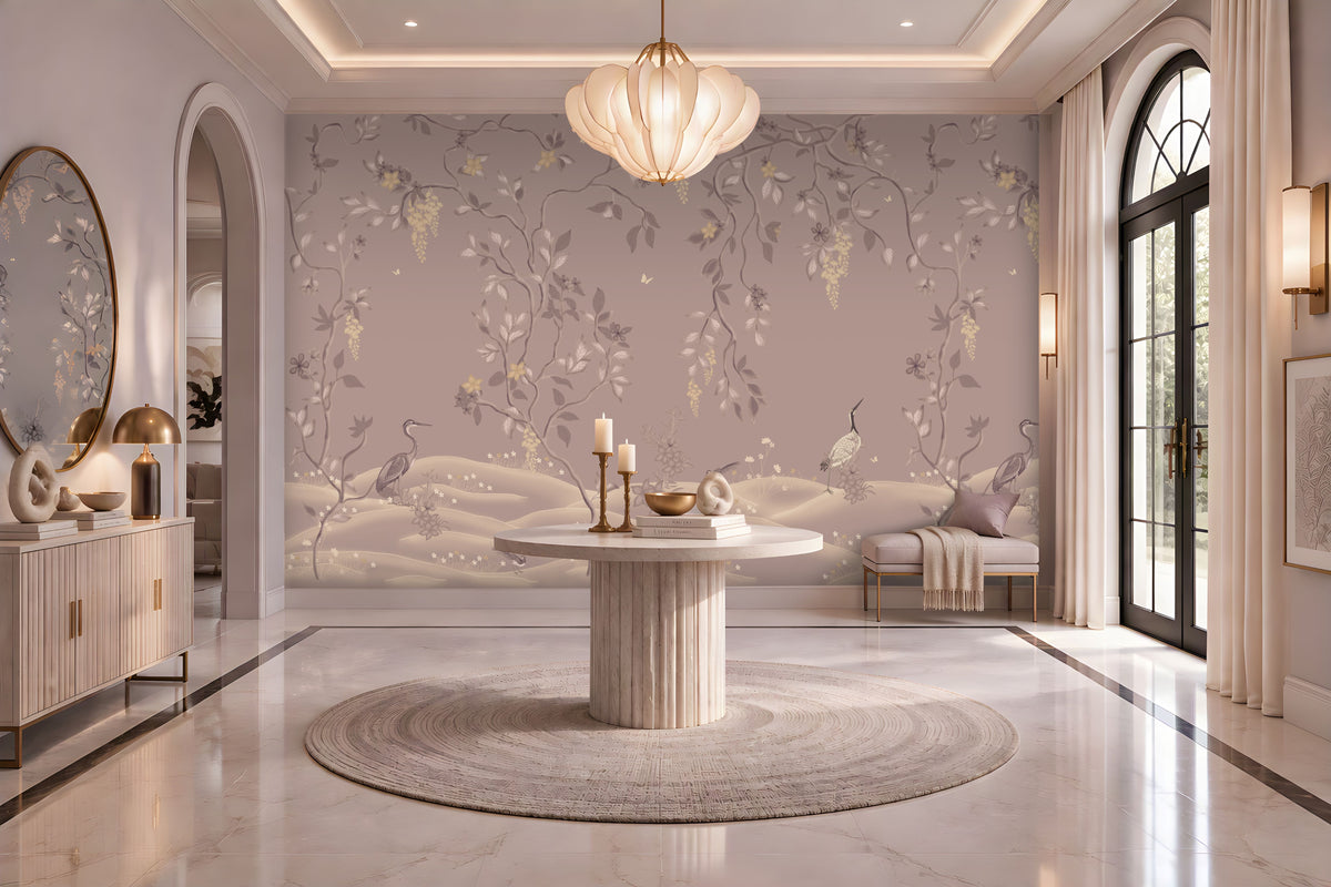 Timeless Avian Garden Mural in Dusty Mauve Taupe featuring delicate botanical branches, graceful birds, soft ivory flowers, flowing foliage, and subtle golden floral accents. The elegant nature-inspired mural creates a serene and sophisticated interior with warm neutral décor, soft lighting, arched windows, and refined contemporary furnishings.