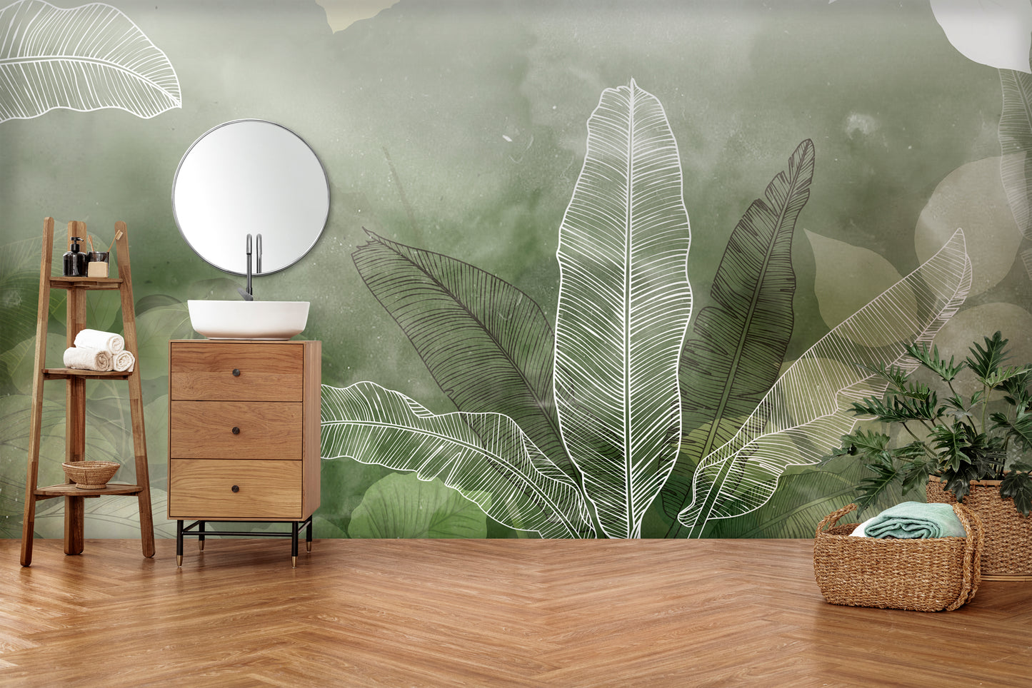 An architectural perspective of a minimalist office lounge featuring the Tropical Abstract Mural in Camouflage Green as a full-scale feature wall. The mural’s deep, earthy tones pair strikingly with vertical wood paneling and sleek mid-century furniture, creating a peaceful and cultured interior sanctuary.