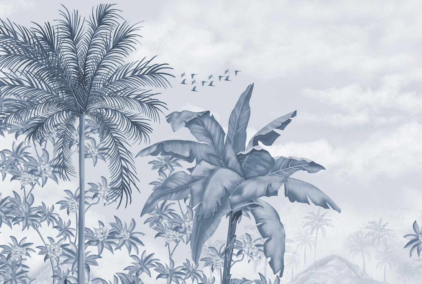 An architectural perspective of a contemporary lounge featuring the Tropical Island Oasis Mural in Azure Blue as a full-scale feature wall. The mural’s balanced, panoramic composition pairs elegantly with light wood furniture and coastal-inspired decor, creating a peaceful and cultured interior sanctuary.
