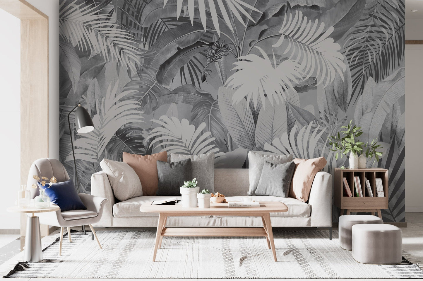 An architectural perspective of a high-end contemporary lounge featuring the Tropical Leaves Mural in Cloudy Gray as a full-scale feature wall. The mural’s atmospheric tones pair perfectly with dark wood furniture, velvet upholstery, and brushed metal accents, creating a peaceful and cultured interior sanctuary.