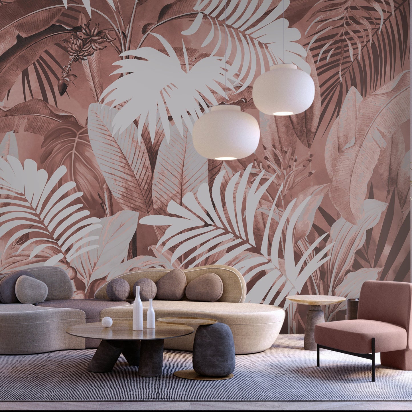 An architectural perspective of a high-end contemporary lounge featuring the Tropical Leaves Mural as a full-scale feature wall behind a modular curved sofa. The mural’s warm coral tones pair perfectly with sculptural pendant lighting, minimalist furniture, and earthy textures, creating a peaceful and cultured interior sanctuary.