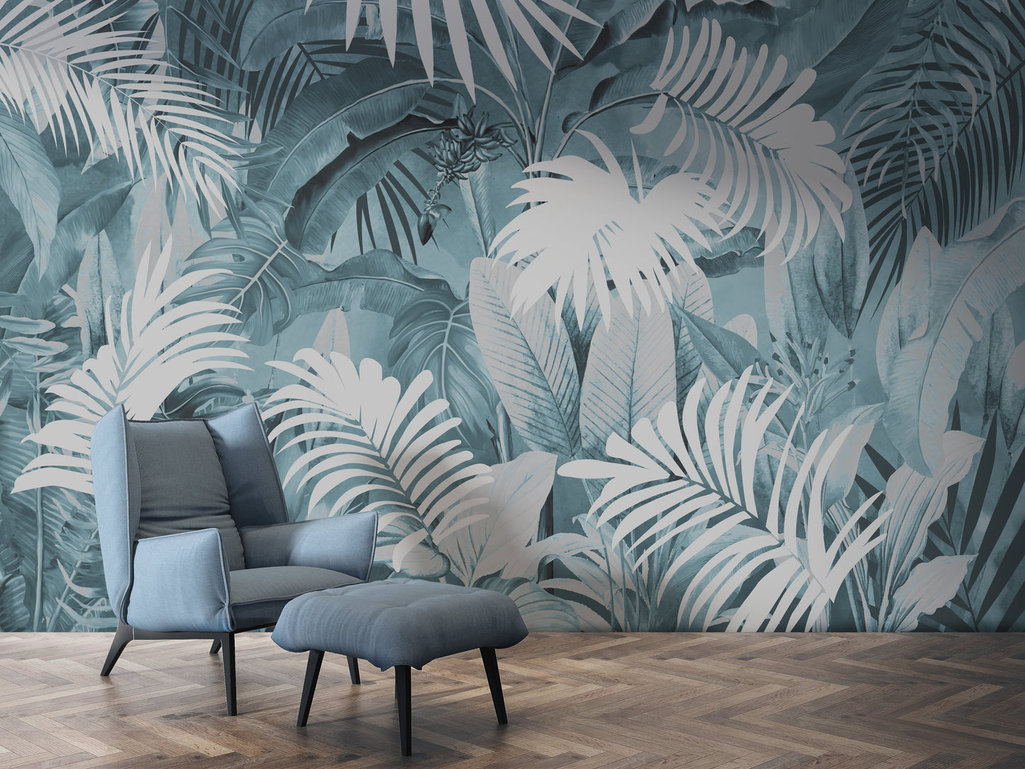 An architectural perspective of a high-end contemporary lounge featuring the Tropical Leaves Mural in Soft Blue as a full-scale feature wall. The mural’s cool, tranquil tones pair perfectly with white oak furniture, cream textiles, and silver accents, creating a peaceful and cultured interior sanctuary.