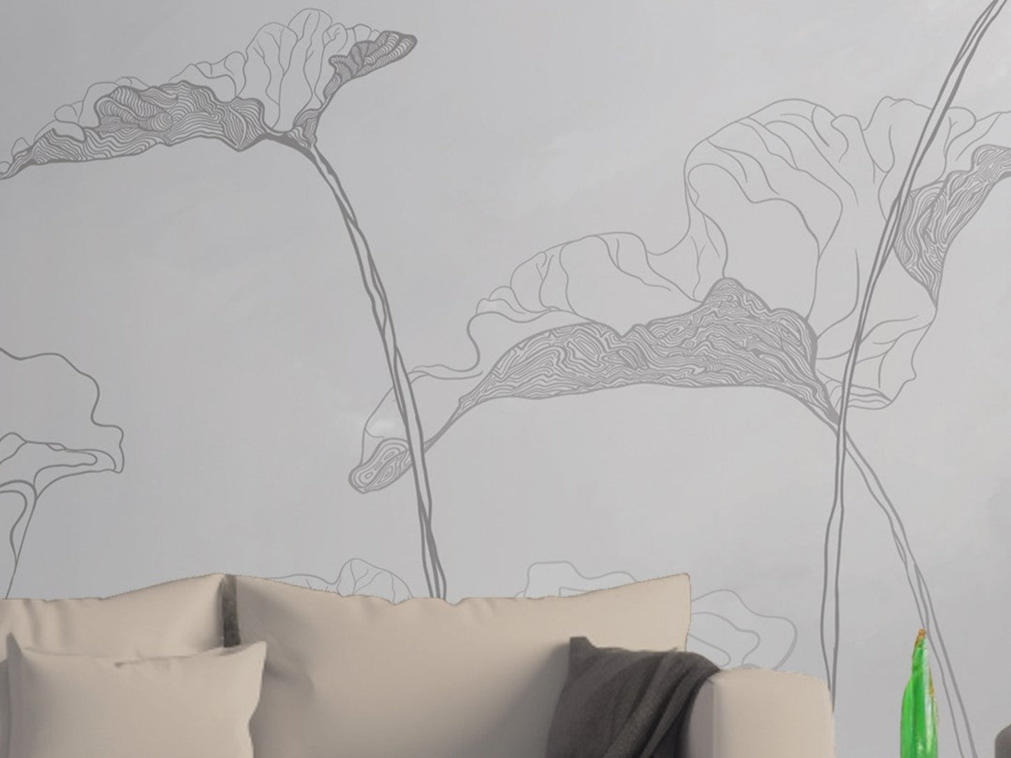 A high-resolution detail of the Veins of Nature Leaf Wallpaper, highlighting the fine, hand-drawn skeletal structures and calligraphic line work of the lily pads. The image showcases the delicate contrast between the dark charcoal outlines and the misty, silk stone neutral background.