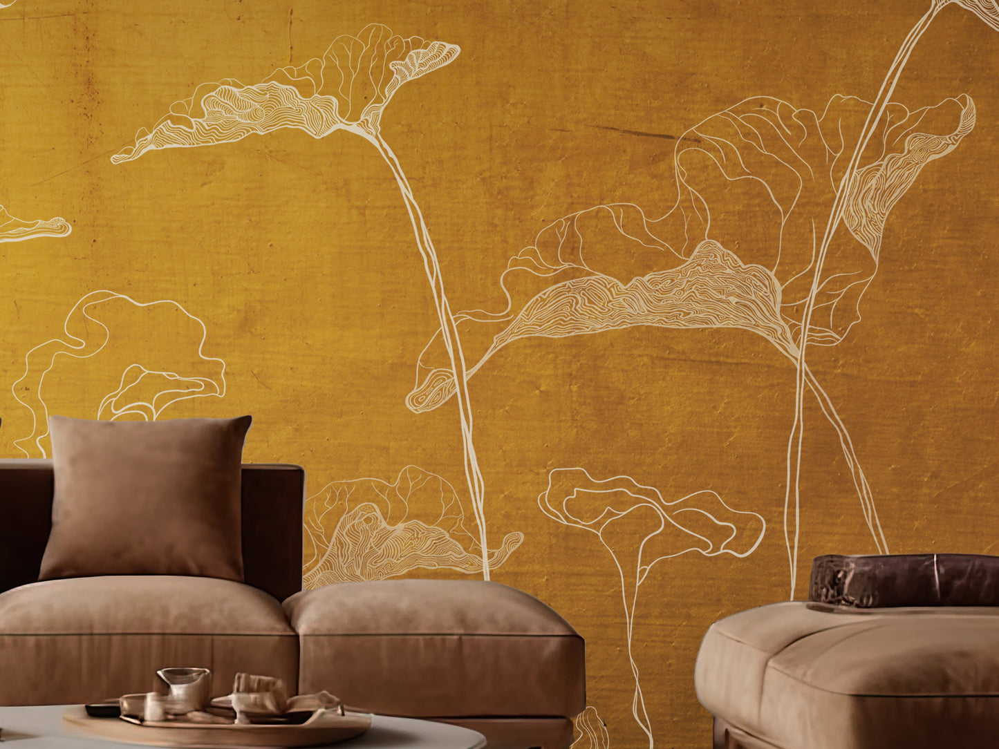 A high-resolution detail of the Veins of Nature Leaf Wallpaper, highlighting the fine, white skeletal structures and calligraphic line work of the lily pads. The image showcases the delicate contrast between the bright white outlines and the rich, textured sunset gold background.