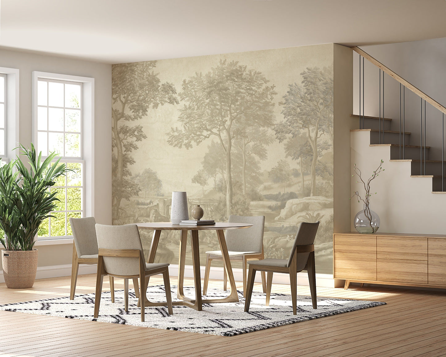 An architectural perspective of a formal dining room featuring the Vintage Countryside Mural in Beige as a full-scale feature wall. The mural’s soft, monochromatic landscape pairs perfectly with natural wood furniture and organic textiles, creating a warm, inviting, and cultured atmosphere.