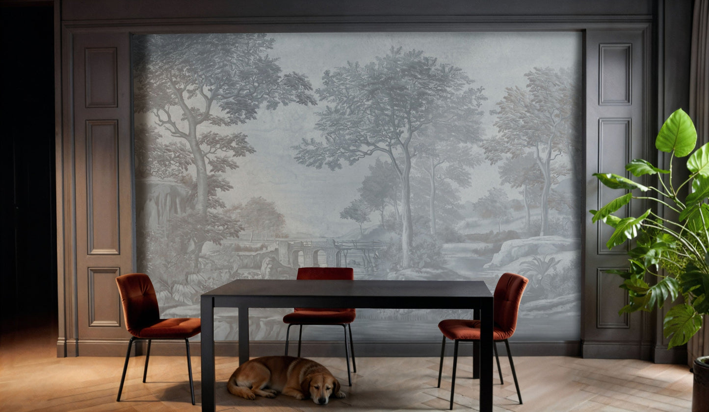 An architectural perspective of a formal dining room featuring the Vintage Countryside Mural framed within elegant grey wall molding. The mural’s misty landscape pairs perfectly with a dark minimalist dining set and rust-colored velvet chairs, creating a moody and cultured atmosphere.