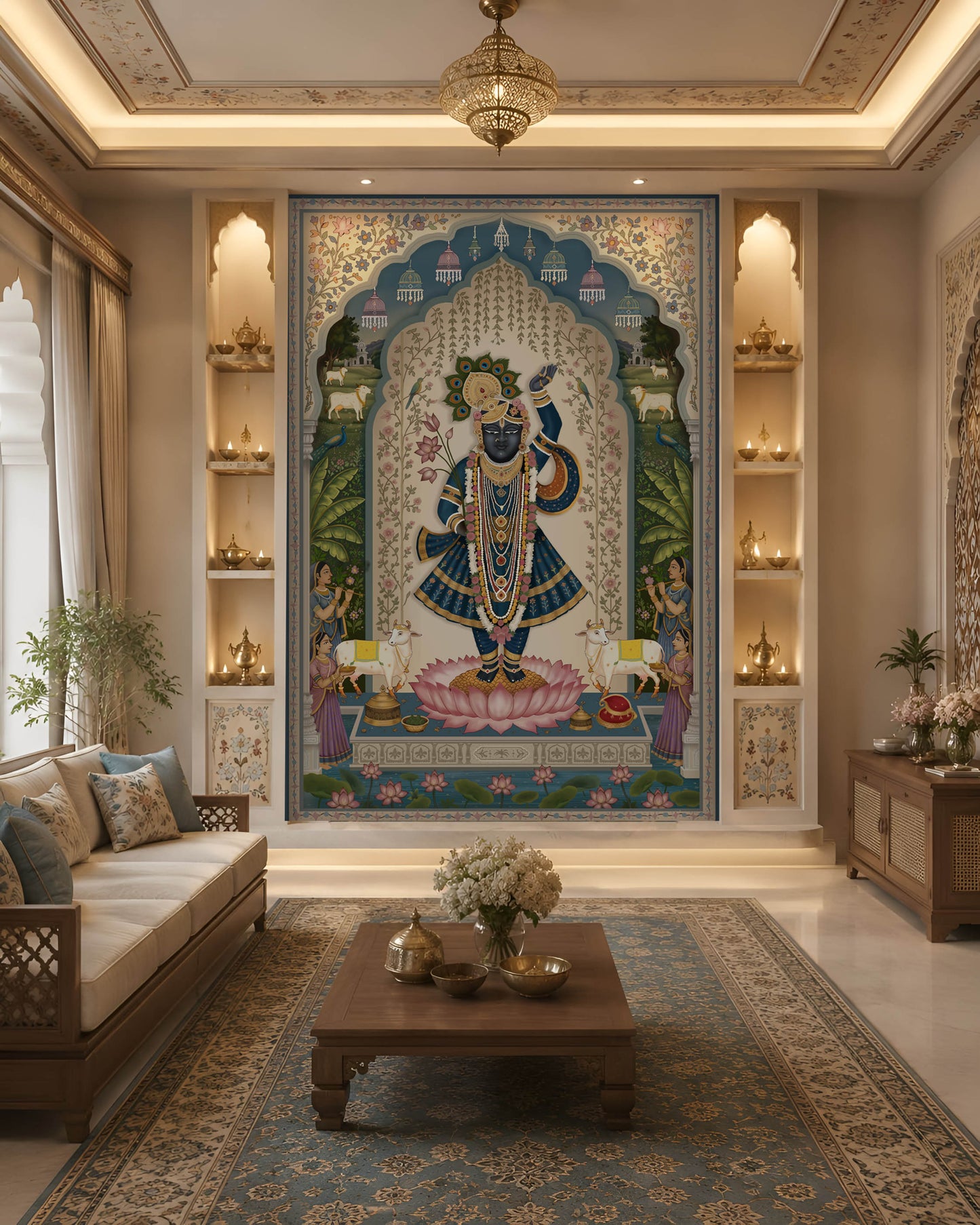 Persian Floral Panels wallpaper in Ivory Red & Pink featuring elegant arched botanical panels, delicate floral artwork, and intricate Persian-inspired borders in soft ivory, blush pink, and deep burgundy tones, showcased in a luxurious classic dining room with ornate wooden furniture and traditional décor.