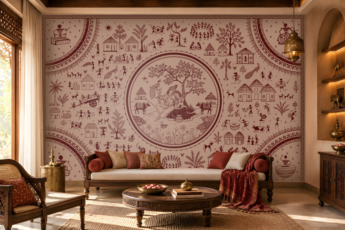 Warli Divine Harmony - Dusty Rose Pink Elegant Warli art seamless wallpaper in soft blush beige and terracotta red, featuring intricate tribal illustrations of village life, dancers, trees, huts, animals, and a central Radha Krishna-inspired motif, styled in a luxurious Indian living room with carved wooden furniture and warm ambient lighting.