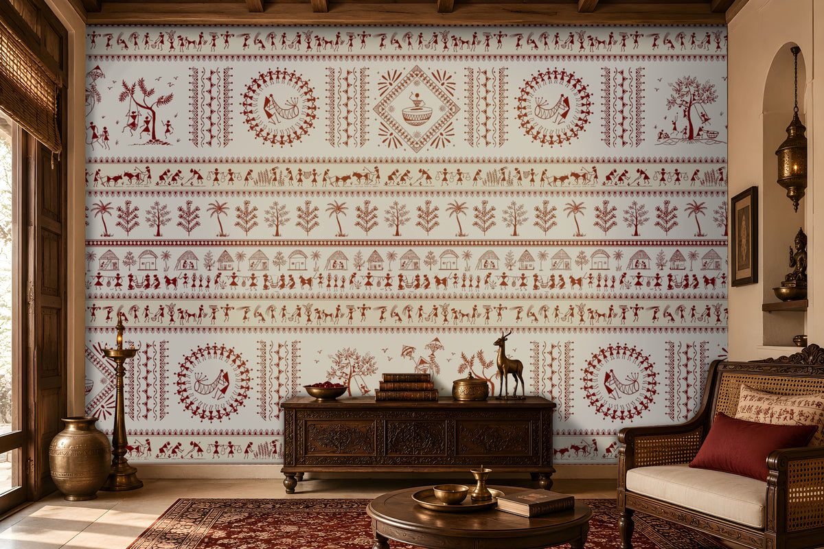 A traditional Indian living room titled “Warli Folk Tales – Vintage Red on White.” The focal wall is painted white and adorned with intricate earthy red Warli tribal art depicting village life, including dancing figures, farming scenes, huts, animals, and trees arranged in horizontal bands. Wooden furniture with ornate carvings, brass decorative items, and a patterned rug enhance the cultural richness, while soft lighting creates a warm and inviting atmosphere. The design blends indigenous artistry.