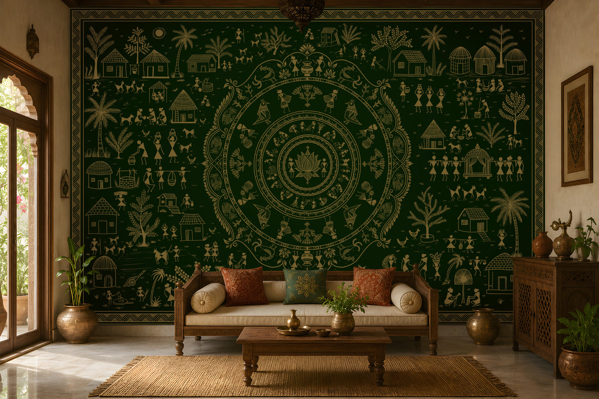 A large dark green wall tapestry with intricate beige folk art illustrations of houses, trees, and circular mandala motifs, displayed in a styled living room behind a wooden sofa.