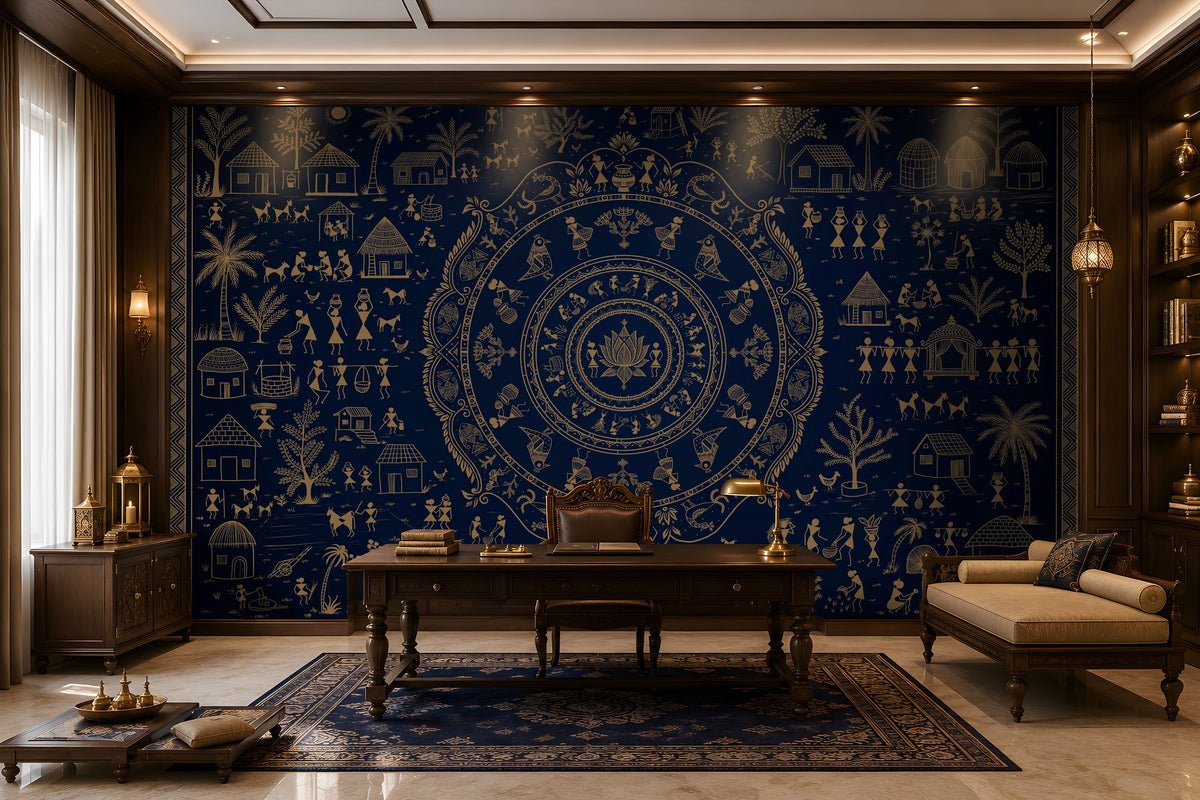 A large wall mural or wallpaper featuring an intricate navy blue and gold traditional circular mandala design with figures, houses, and trees, shown in a styled study with a wooden desk, chair, and sofa.