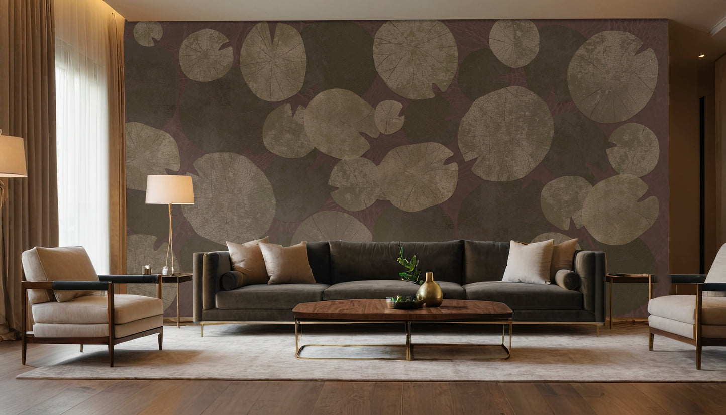 An architectural perspective of a modern luxury living room featuring the Whispers of the Pond Mural as a full-scale feature wall behind a large sectional sofa. The mural’s rhythmic, circular patterns create a sense of organic movement and tranquility, pairing perfectly with gold accents, dark wood furniture, and warm ambient lighting.