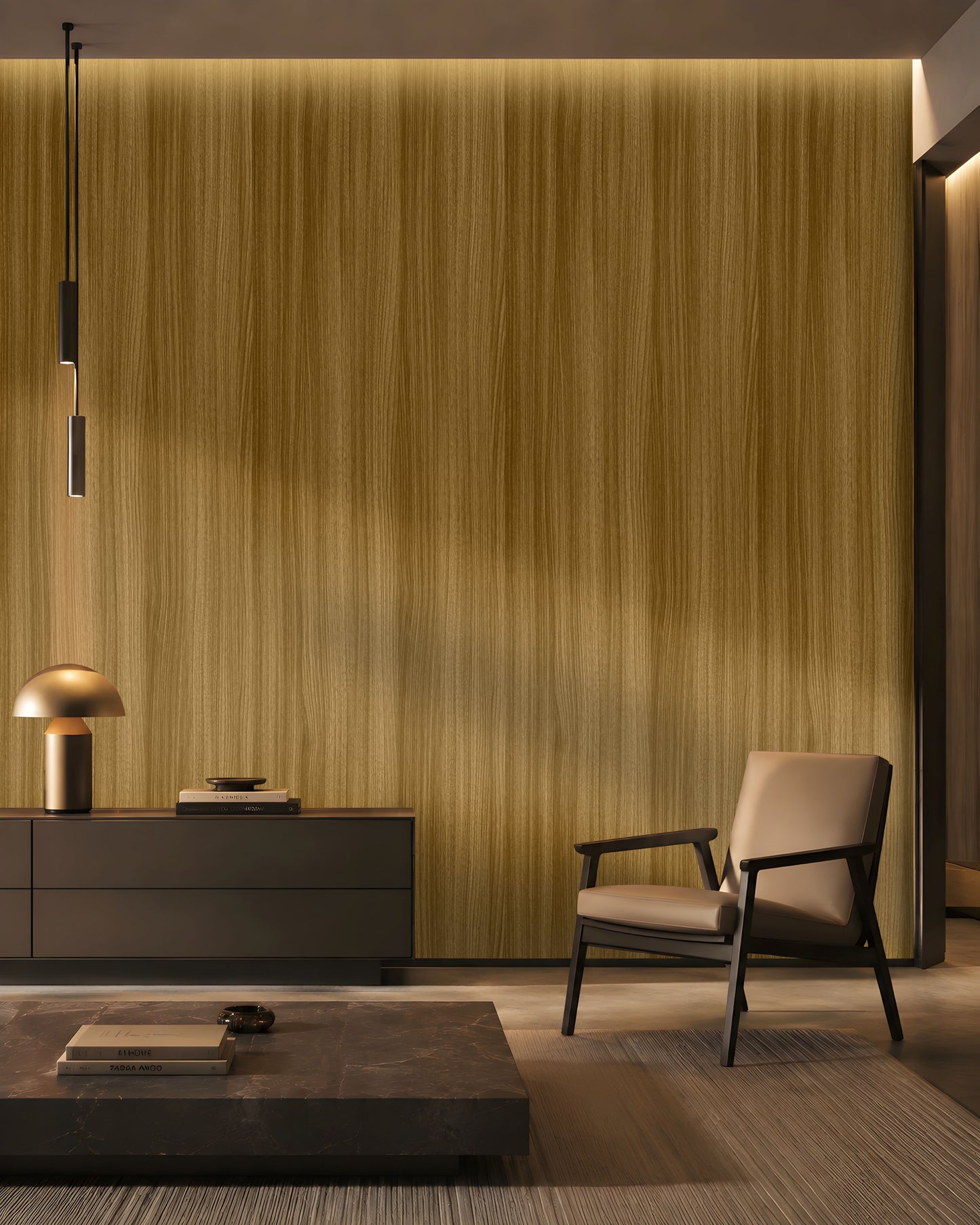 Warm honey brown seamless wood texture wallpaper with fine vertical grain in a modern interior.