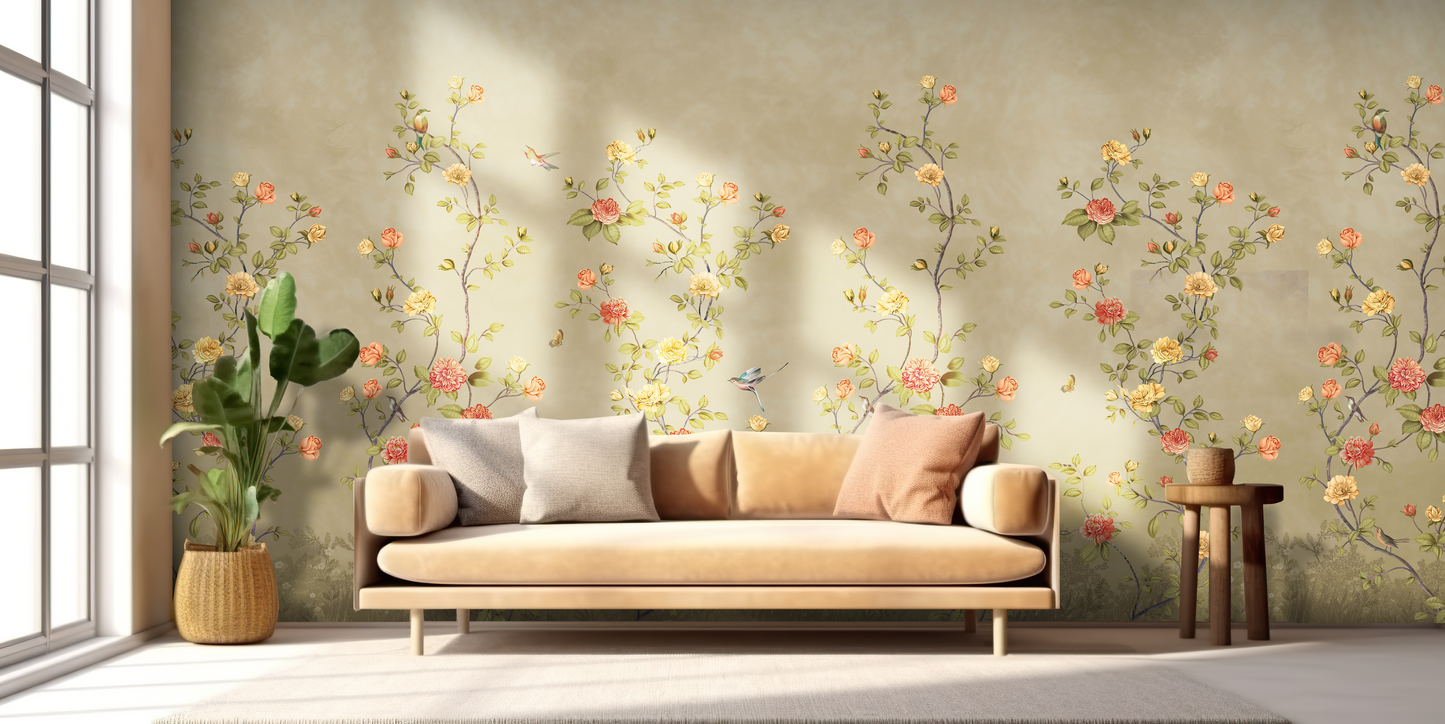 Brandon beige floral whisper mural wallpaper botanical wall design in modern living room.