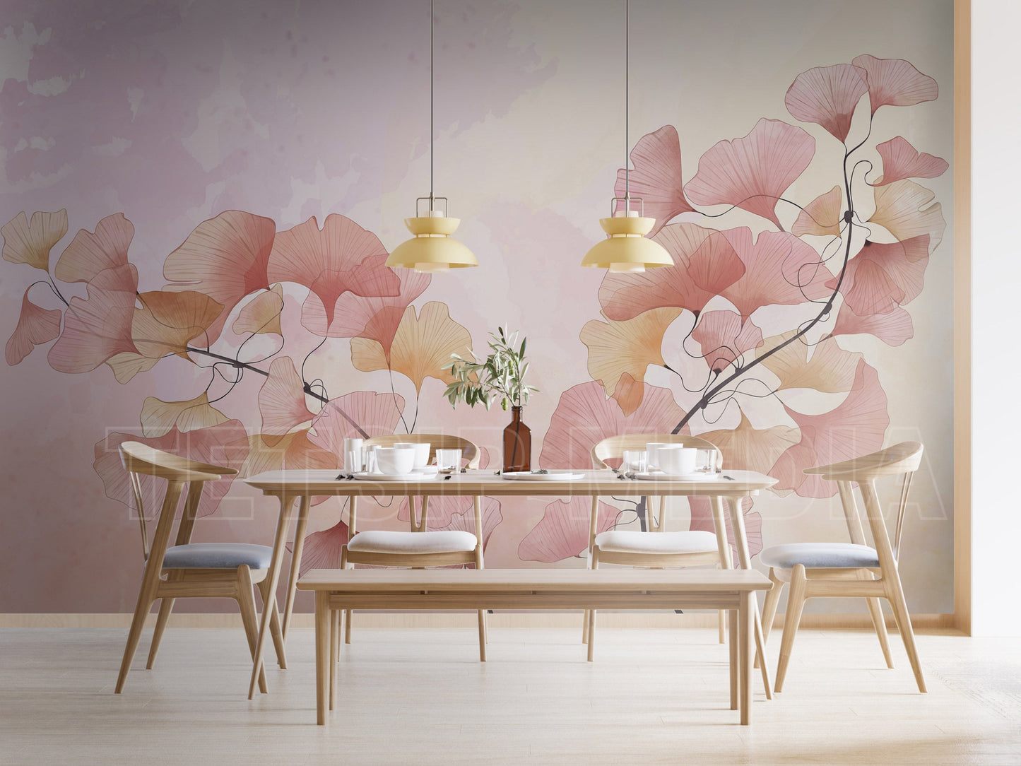 Orchid pink floral mural wallpaper sophisticated accent wall in stylish bedroom.