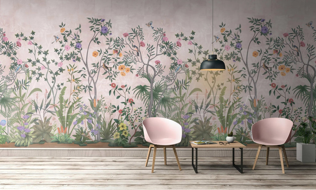 Beautiful chinoiserie floral wallpaper in a lounge room