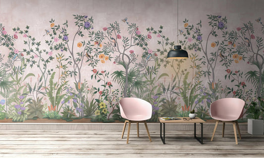 Beautiful chinoiserie floral wallpaper in a lounge room