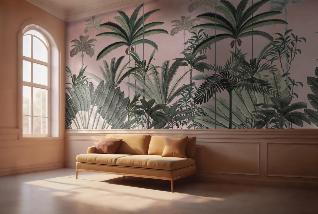 pink tropical mural, lounge room