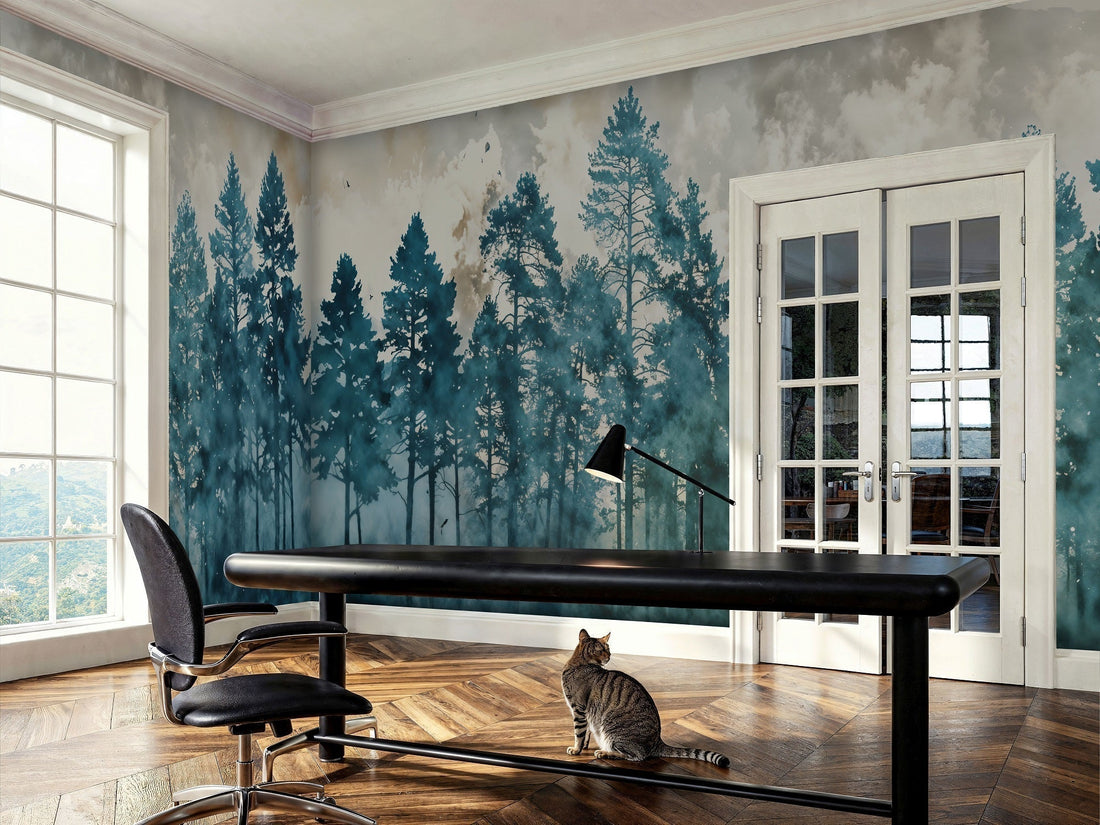 Beautiful forest mural in md cabin office