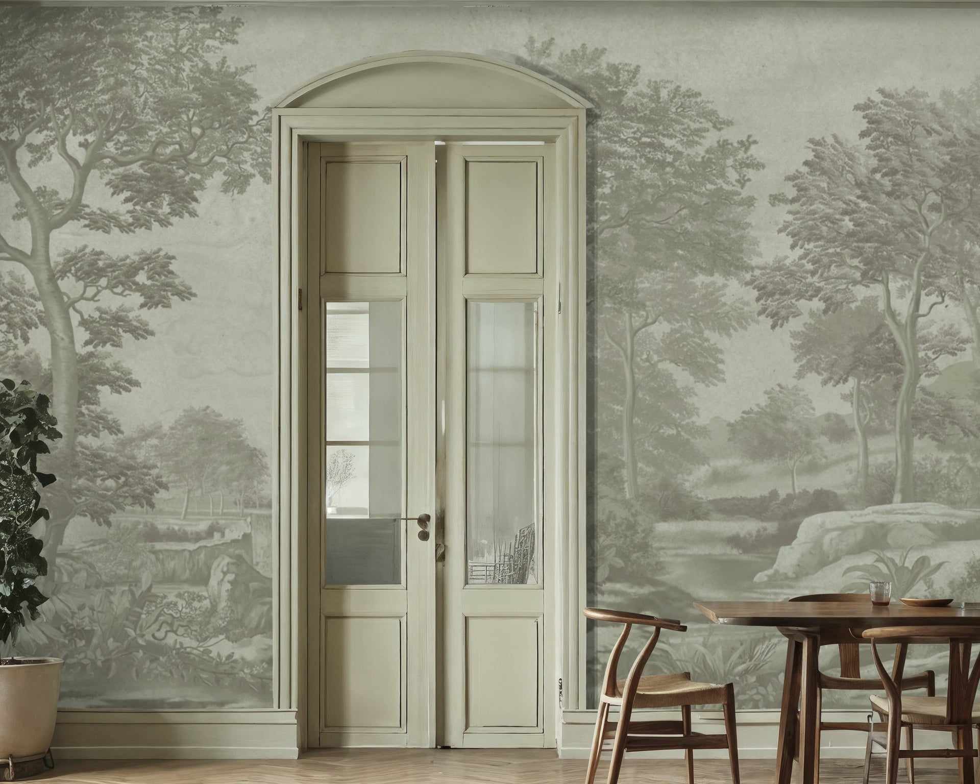 Arched cream double doors frame a water colour mural wallpaper of trees and landscape, with a wooden dining table nearby.