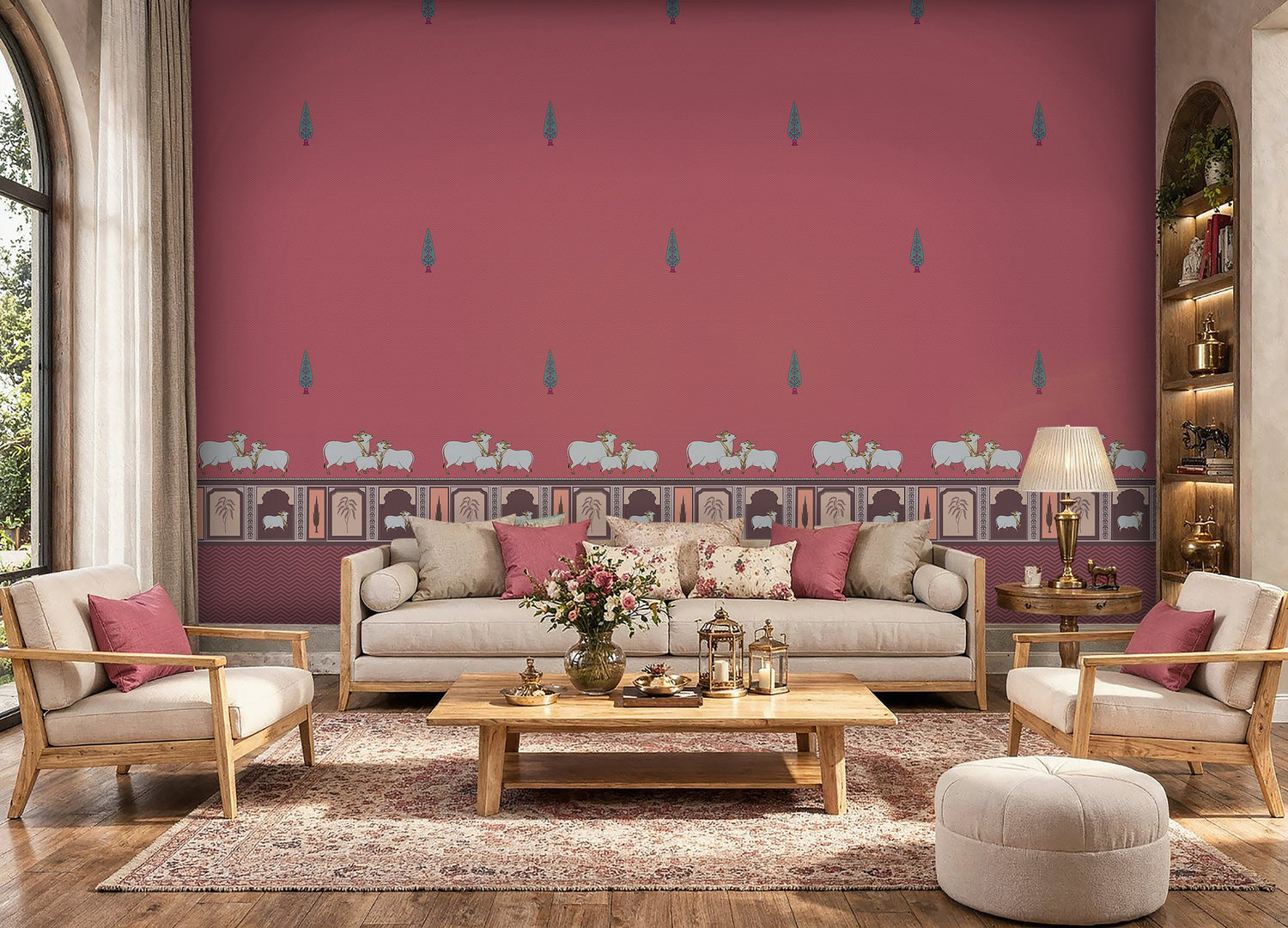 Beautiful seamless pichwai motif wallpaper in a living room