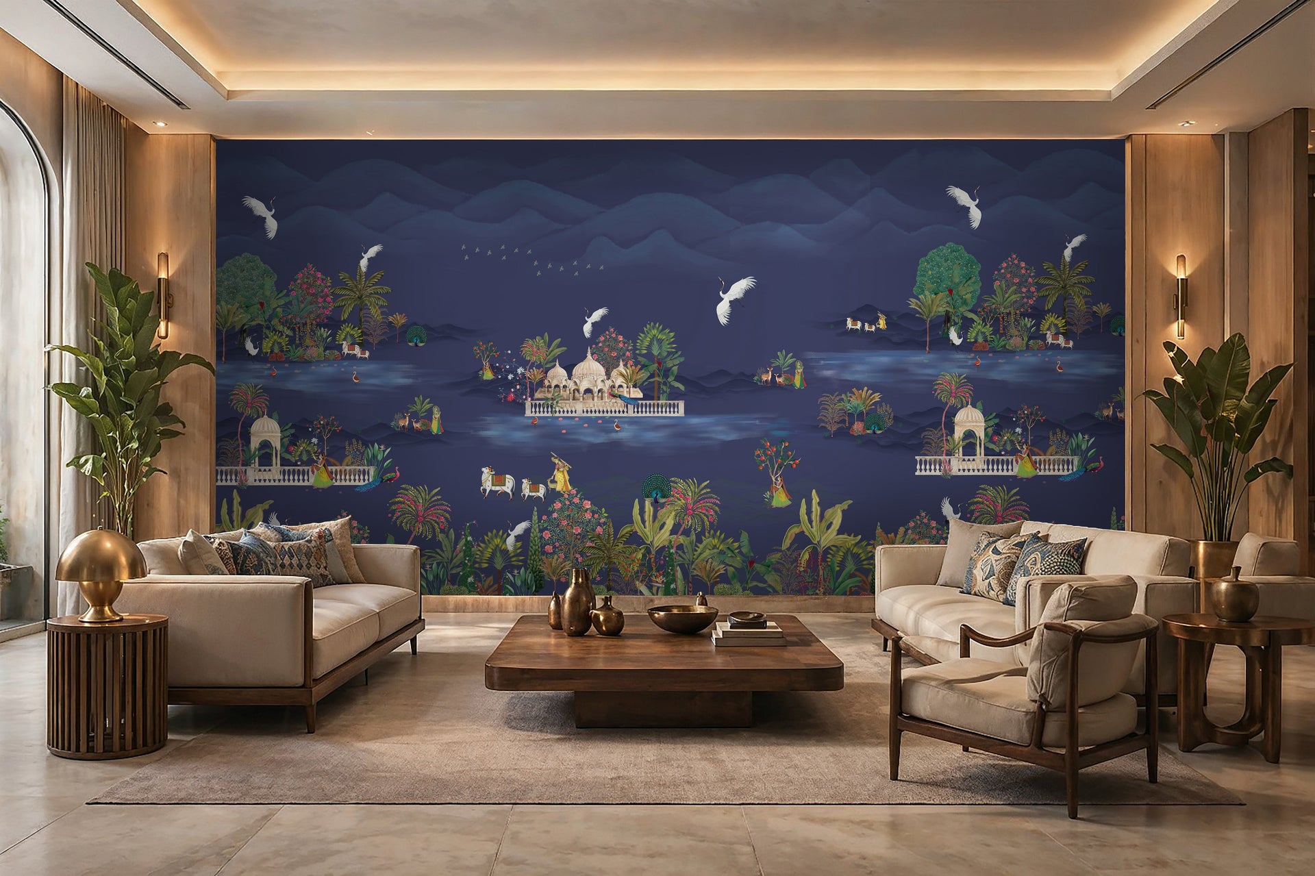 Luxury Pichwai living room wallpaper with Krishna mural in Karol Bagh