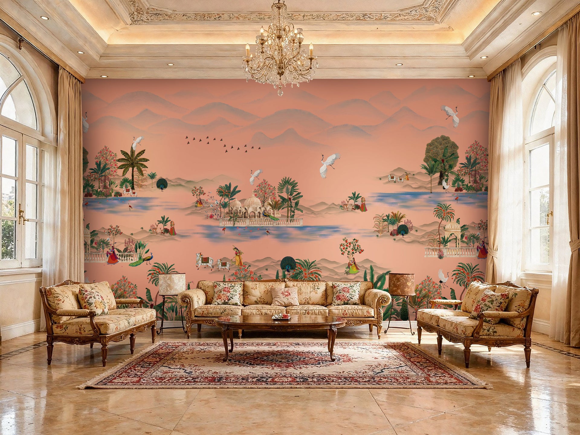 Pichwai Living Room Wallpaper in Defence Colony, Luxury Krishna Wall Murals for Designer Homes By Tetsip Media