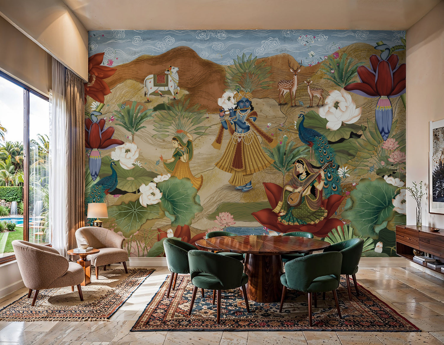 Luxury Pichwai living room wallpaper with Krishna mural in Saket
