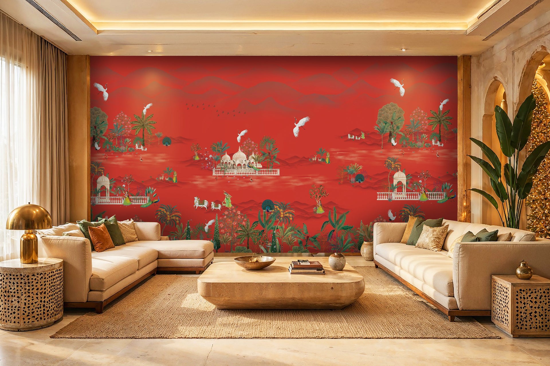Luxury Pichwai living room wallpaper with Krishna mural in Connaught Place