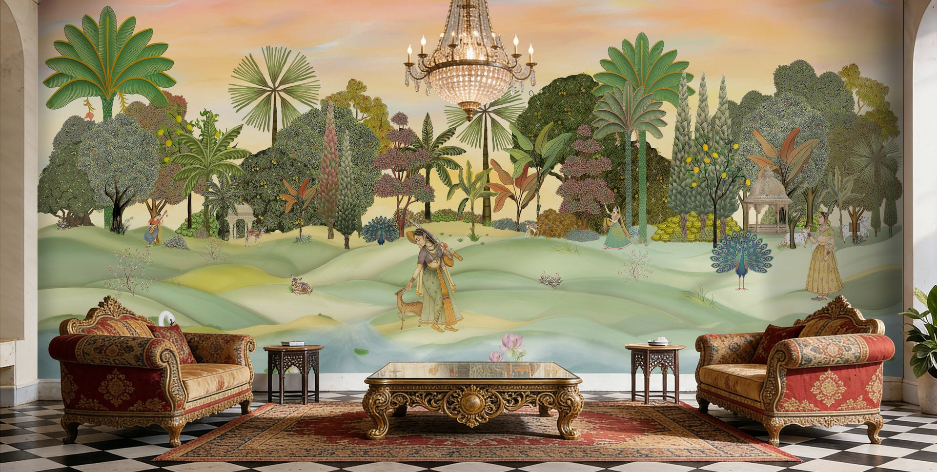 Luxury Pichwai living room wallpaper with Krishna mural in Bandstand
