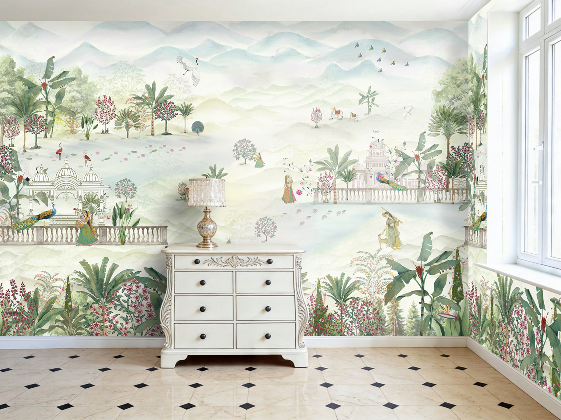 Luxury Pichwai wallpaper with Krishna design in Indiranagar home.