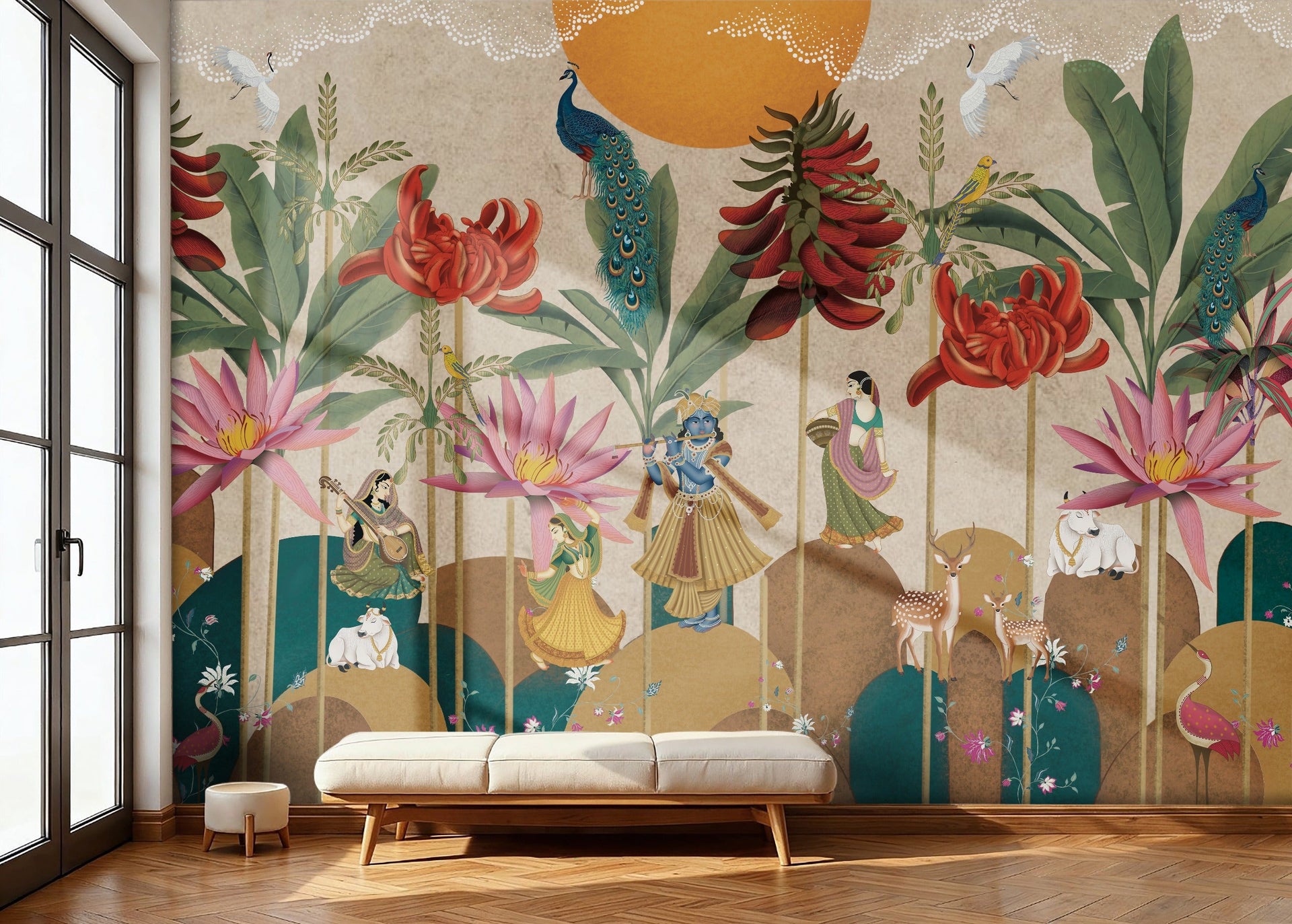 Luxury Pichwai living room wallpaper with Krishna mural on Annapurna Road