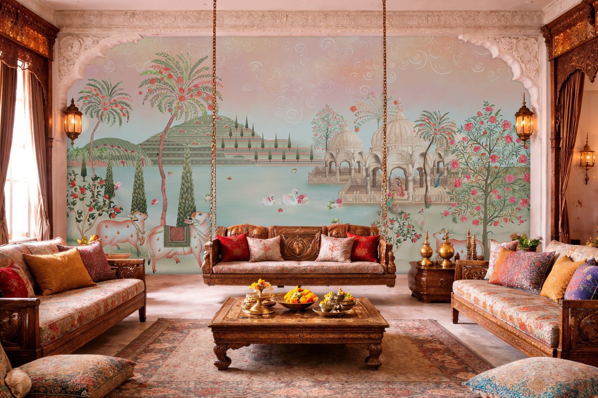 Luxury Pichwai living room wallpaper with Krishna mural in Borivali