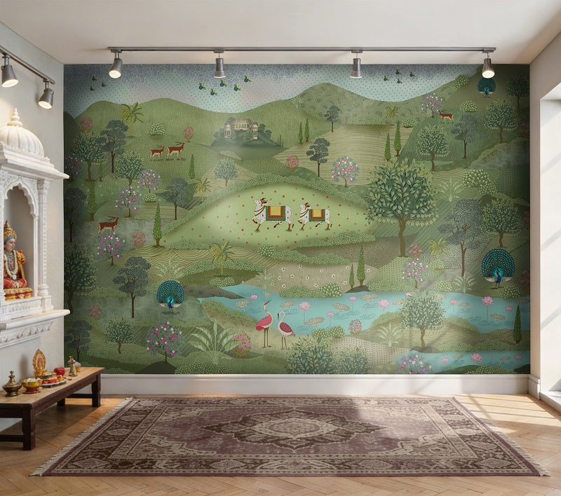 Luxury Pichwai living room wallpaper with Krishna mural in Churchgate