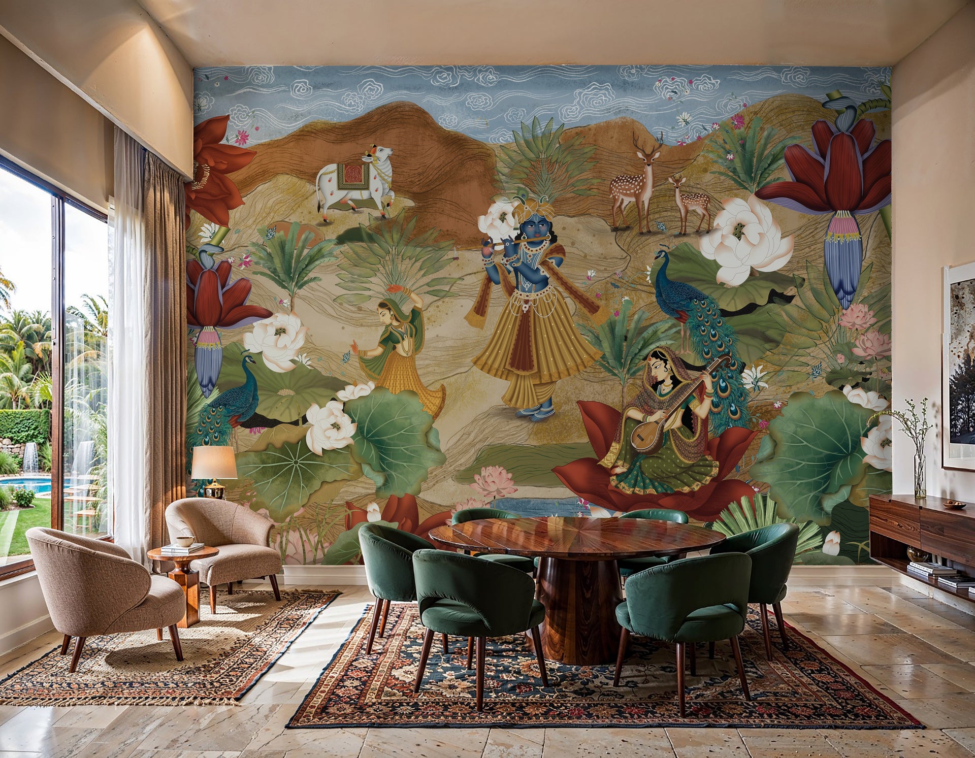 Luxury Pichwai wallpaper with Krishna design in Sitapur Road home.