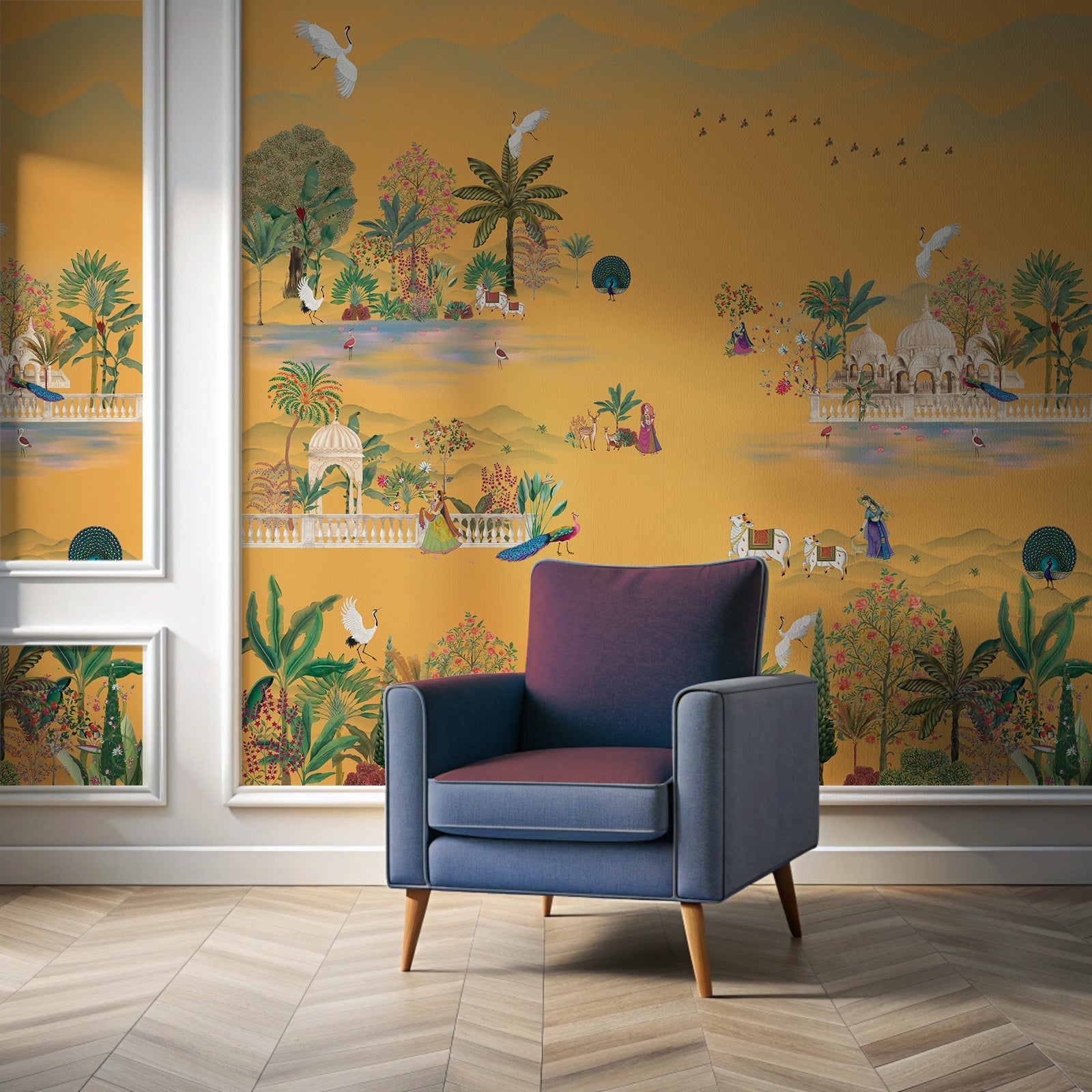 Luxury Pichwai wallpaper with Krishna design on Kasturba Road home