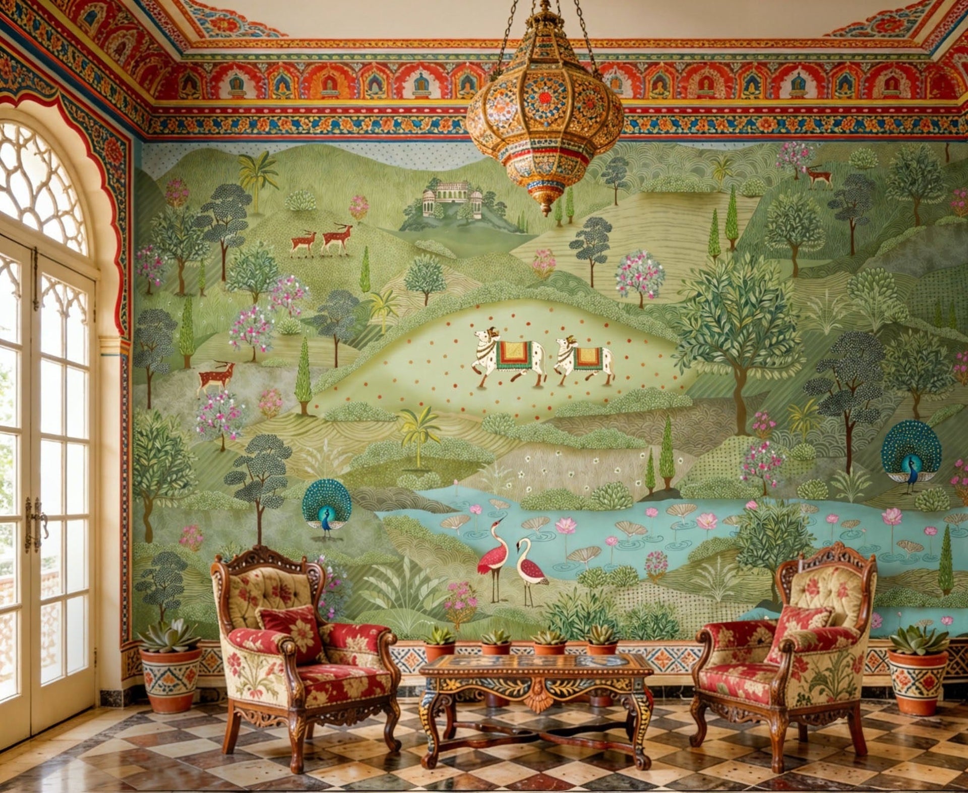 Luxury Pichwai wallpaper with Krishna design in Raiya Road home.