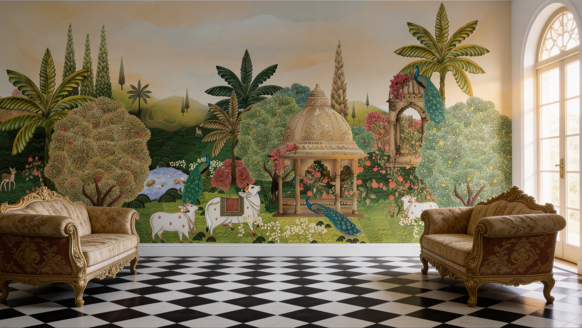 Pichwai Living Room Wallpaper in Banjara Hills, Luxury Krishna Wall Murals for Designer Homes By Tetsip Media