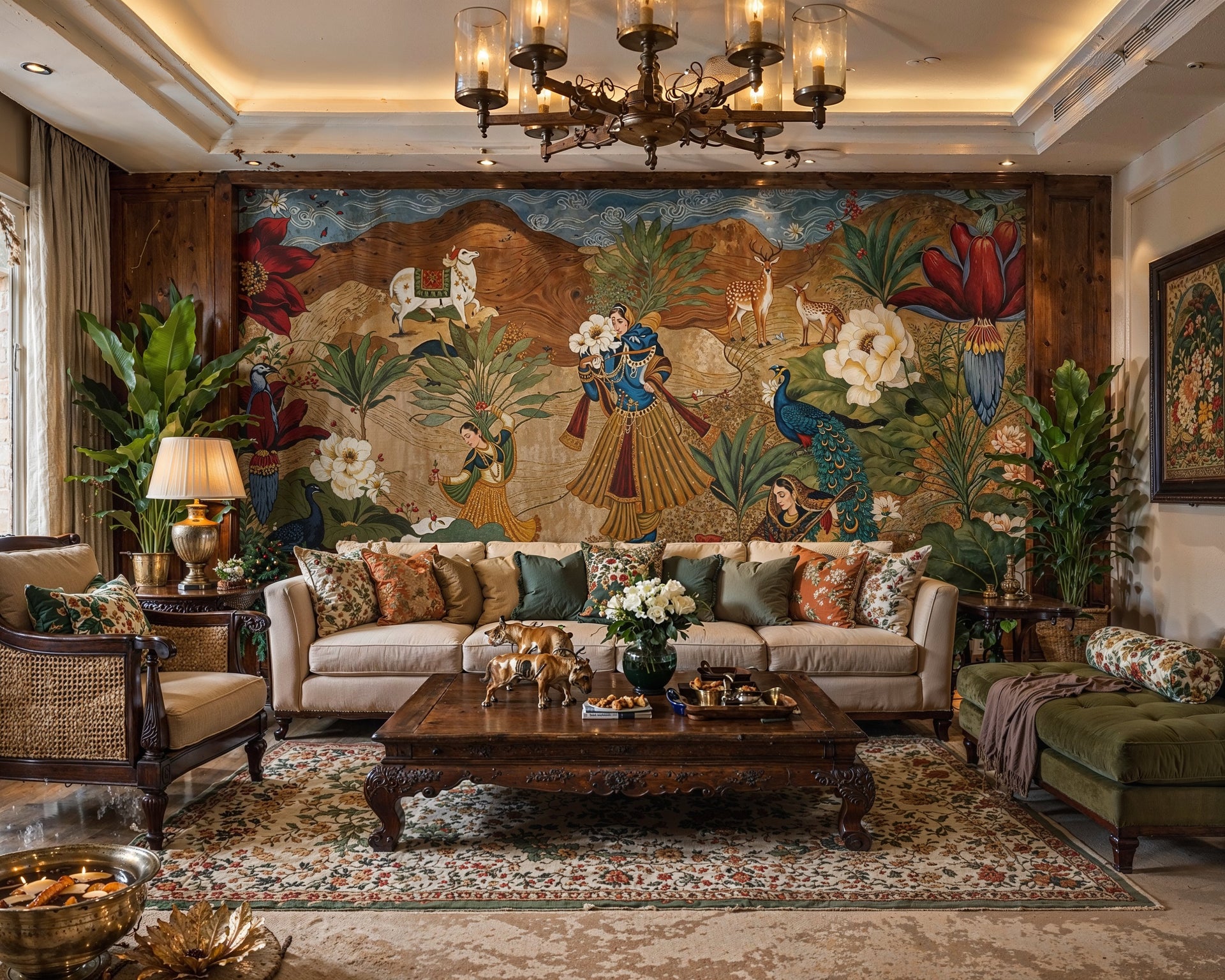 Luxury Pichwai wallpaper with Krishna design in Gomti Nagar home