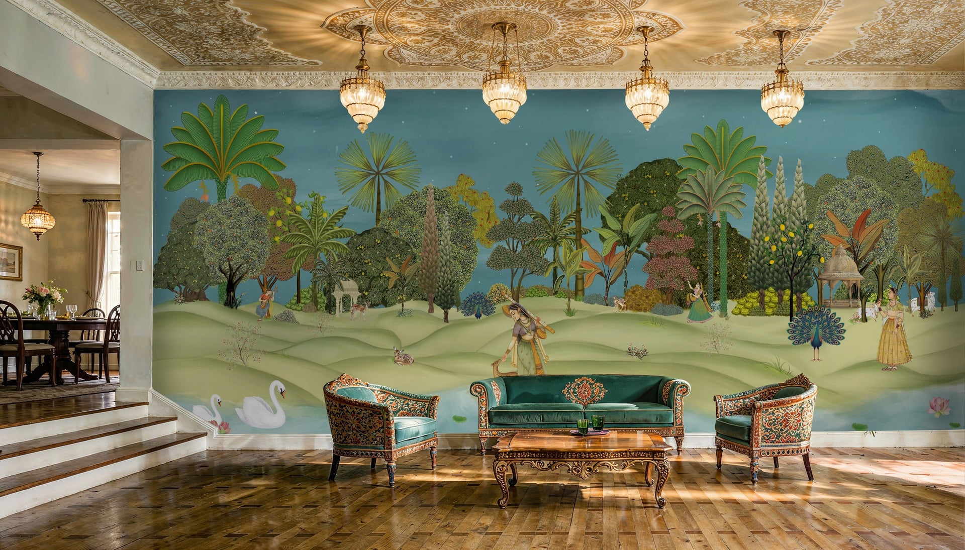 Luxury Pichwai wallpaper with Krishna design in Punjabi Bagh home