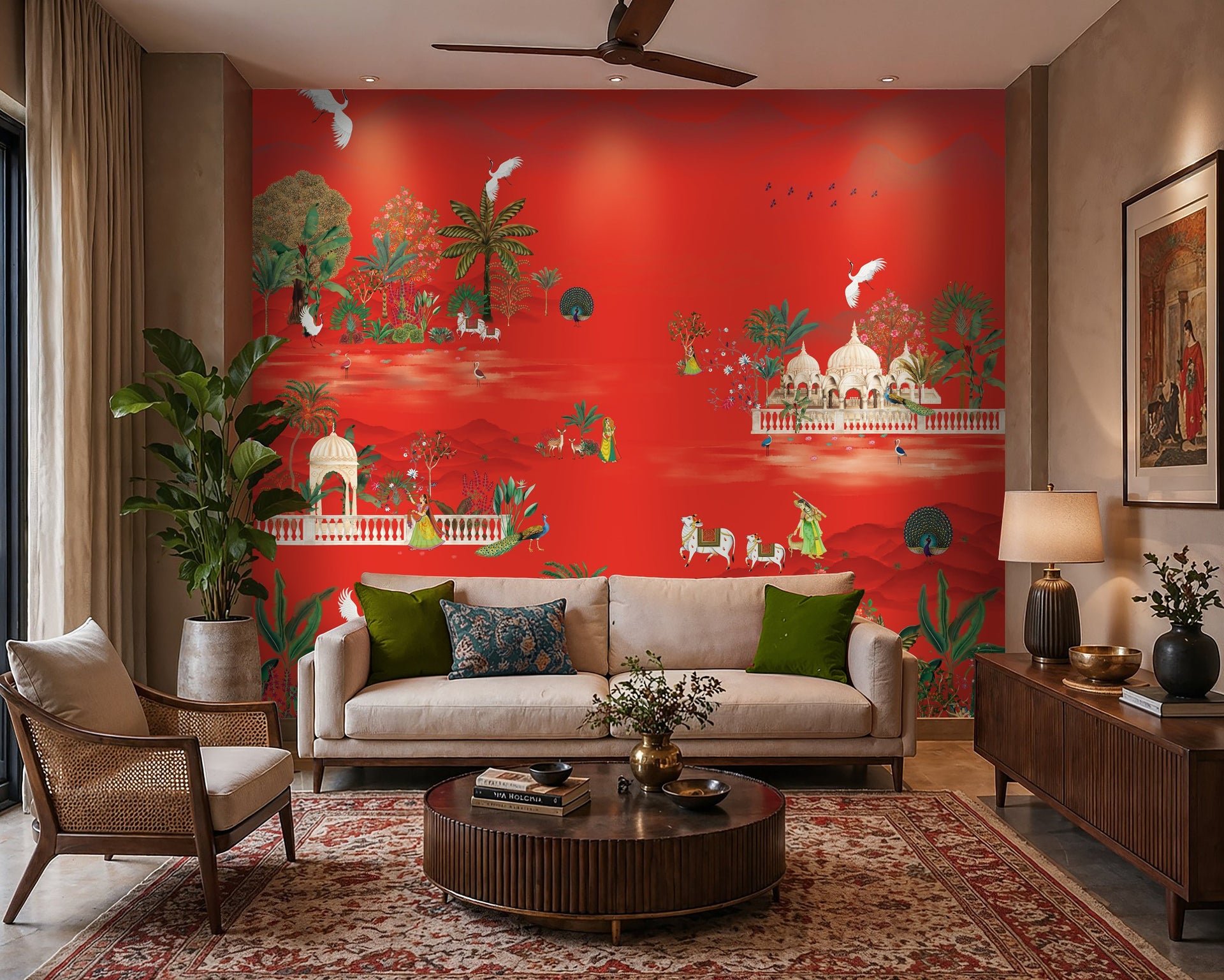 Luxury Pichwai wallpaper with Krishna design in Vastrapur home