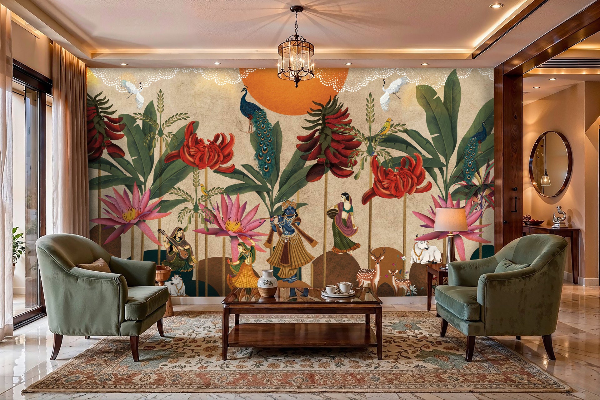 Luxury Pichwai wallpaper with Krishna design in Sodala home.