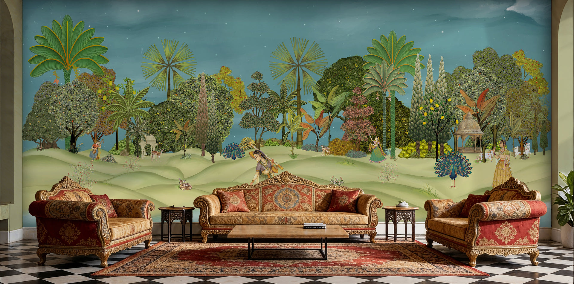. Pichwai wallpaper in Delhi. pooja room wallpaper in Ahmedabad. Traditional Pichwai Wallpaper Murals in Living Room. Teal sky 