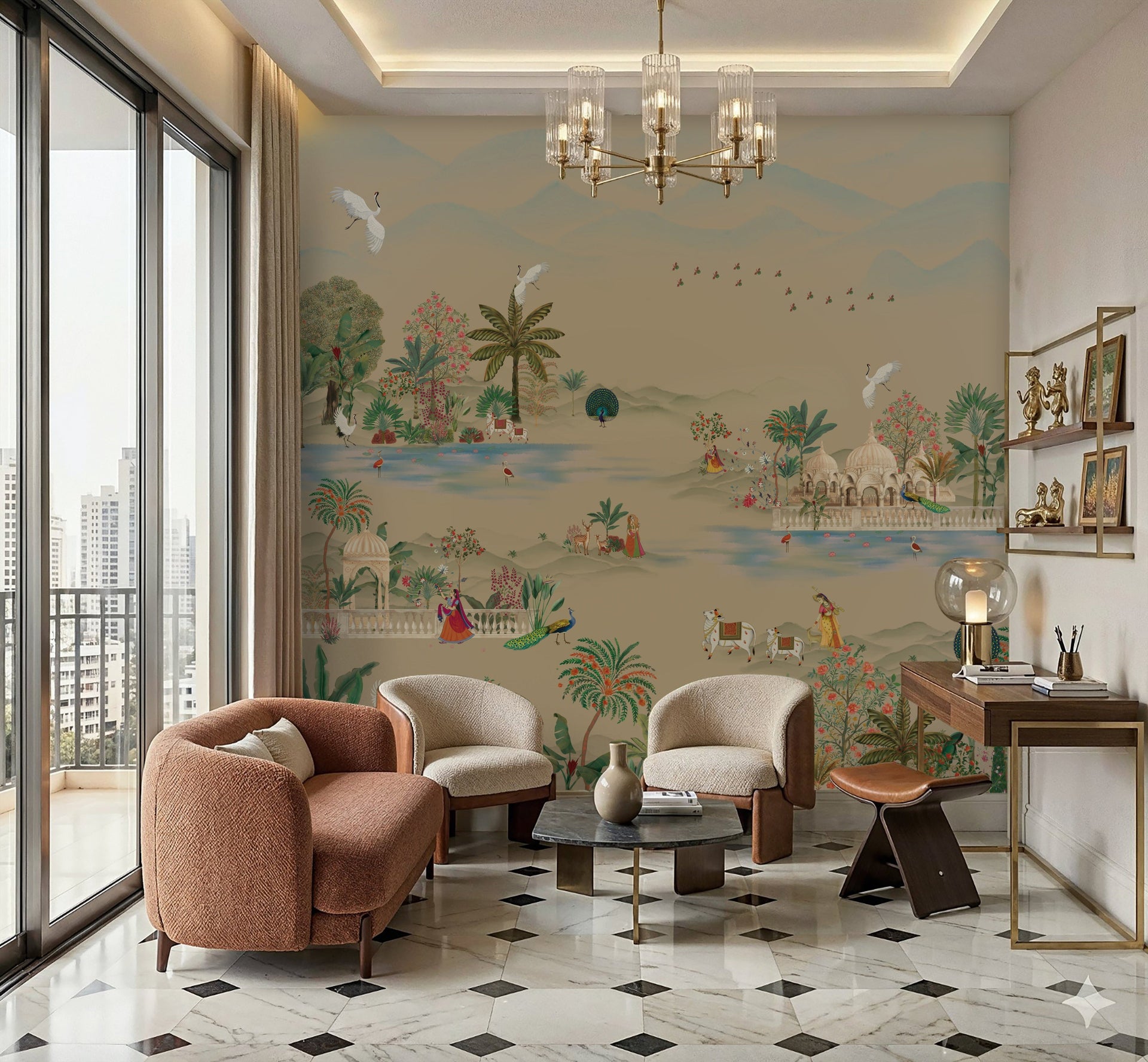 Luxury Pichwai wallpaper with Krishna design in Defence Colony home.