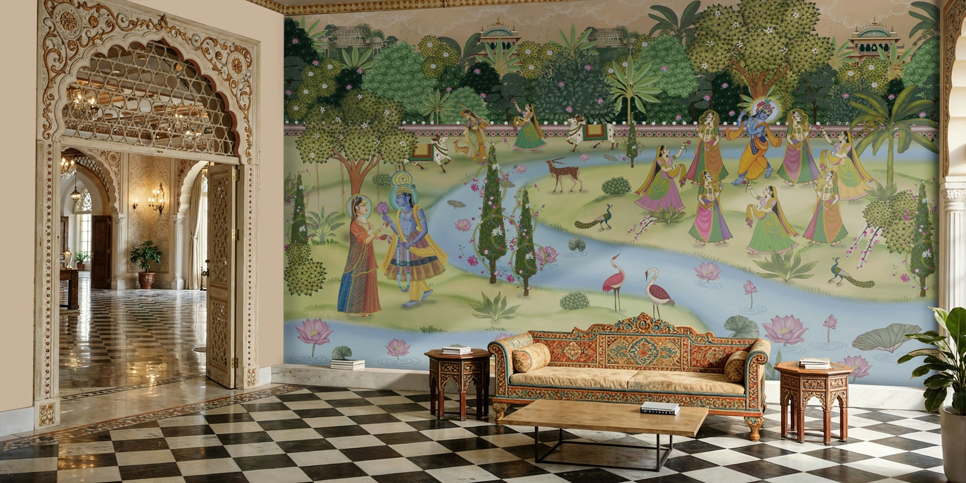Luxury Pichwai wallpaper with Krishna design in Navrangpura home
