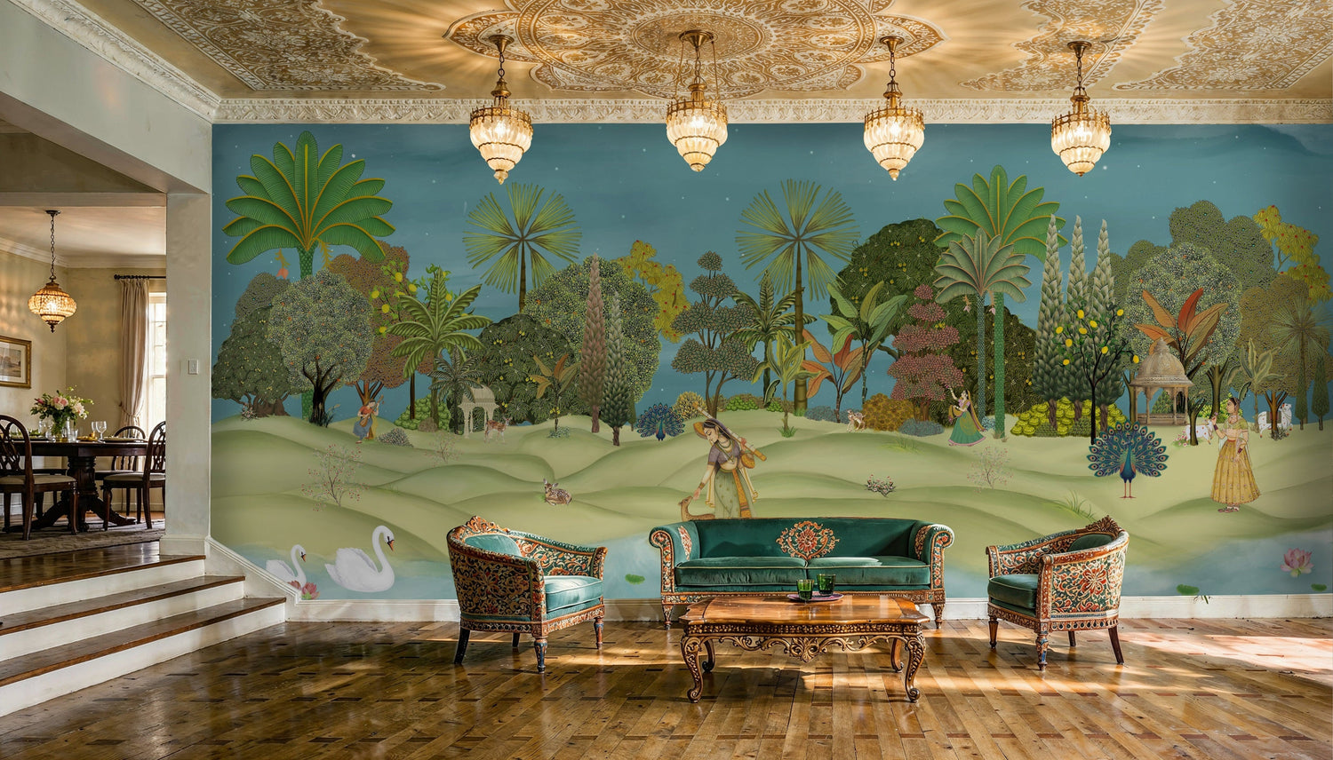 Pooja Room Wallpaper In Coimbatore. Pichwai wallpaper in living room